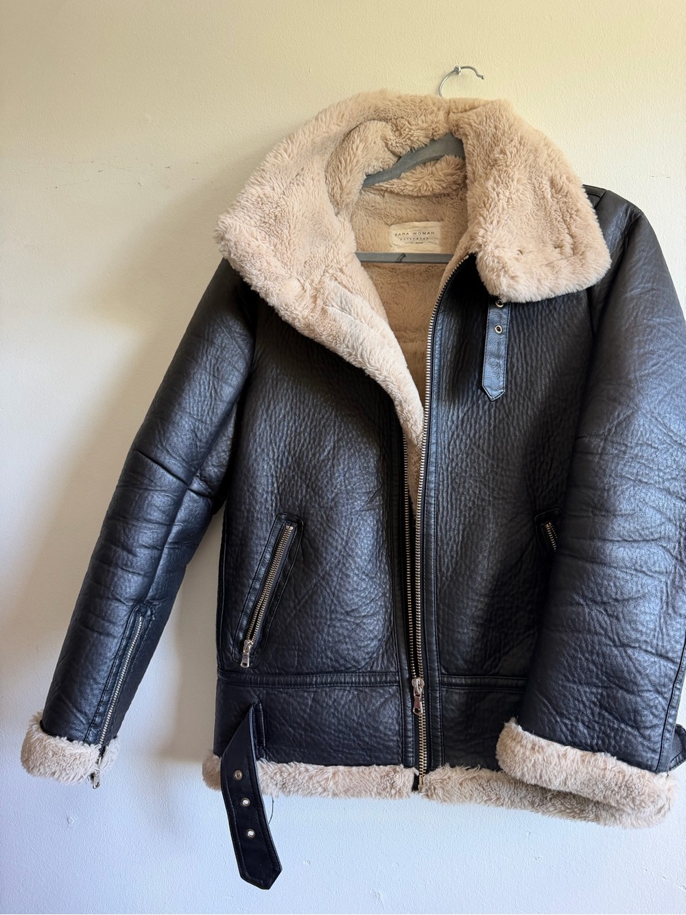 Black Shearling-Trim Leather Jacket - Women's size XS